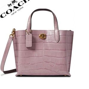 Coach Willow Tote 24 Croc-Embossed Leather Shoulder Bag Brass/Ice Purple